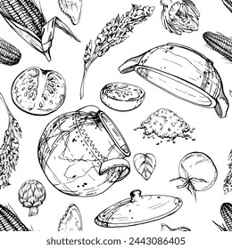 Hand drawn ink vector illustration cooking pot ceramics vegetable stew maize corn quinoa, south american cuisine Seamless pattern isolated on white background. Design travel, vacation, brochure, print