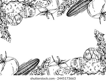 Hand drawn ink vector illustration, cooking pot ceramics vegetable stew maize corn quinoa, south american cuisine Horizontal frame isolated white background. Design travel, vacation, brochure, print