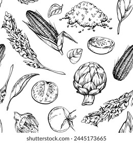 Hand drawn ink vector illustration, vegetarian healthy vegetable food maize corn quinoa, artichoke tomato herbs. Seamless pattern isolated on white background. Design brochure, cafe restaurant menu