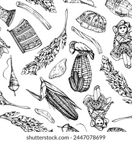 Hand drawn ink vector illustration, maize corn quinoa food, traditional embroidered clothes South Central America, Seamless pattern isolated on white background. Design travel, menu, brochure, print