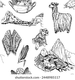 Hand drawn ink vector illustration, Peru symbols landscapes alpaca doll Machu Picchu corn maize embroidered poncho. Seamless pattern isolated on white background. Design travel, menu, brochure, print