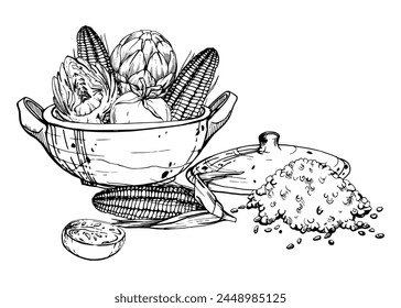 Hand drawn ink vector illustration, cooking pot ceramics vegetable stew maize corn quinoa, south american cuisine Composition isolated on white background. Design travel, vacation, brochure, print