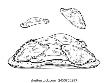 Ilustración vectorial de tinta dibujada a mano, empanadas rellenas de empanadas de empanadas de tarta rellenas de verduras de carne tradicional. Composición aislada sobre fondo blanco. Viajes de diseño, menú de café restaurante, folleto, impresión