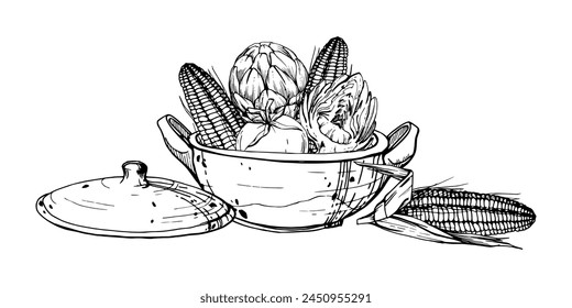 Hand drawn ink vector illustration, cooking pot ceramics vegetable stew maize corn quinoa, south american cuisine Composition isolated on white background. Design travel, vacation, brochure, print