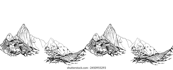 Hand drawn ink vector illustration, mountain landscape scenery Central South America, Machu Picchu terraces. Seamless banner isolated on white background. Design travel, vacation, brochure, print