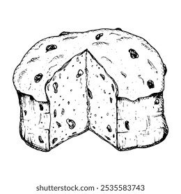 Hand drawn ink vector illustration of traditional Italian Christmas pastry Panettone. Sketchy style clip art of festive raisin pie suitable for New Year print, bakery packaging, pastry shop, cafe menu