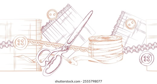 Hand drawn ink vector illustration sewing craft supplies. Fabric scissors snaps, wooden buttons ribbon bobbin lace, red beige. Frame isolated on white background. Design atelier, tailor, hobby shop