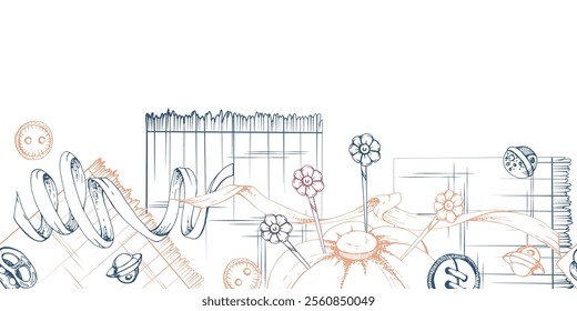 Hand drawn ink vector illustration sewing craft supplies. Fabric pin cushion, needles, wooden buttons ribbon lace, indigo beige. Frame isolated on white background. Design atelier, tailor, hobby shop