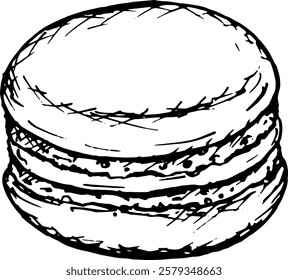 Hand drawn ink vector illustration of a macaron cookie with a creamy filling. Sketchy style French pastry clipart for bakery branding, confectionery packaging and cafe menu designs