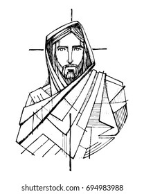 Hand drawn ink vector illustration or drawing of Jesus Christ and a Cross