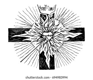 Hand drawn ink vector illustration or drawing of a Christian religious Cross and symbols