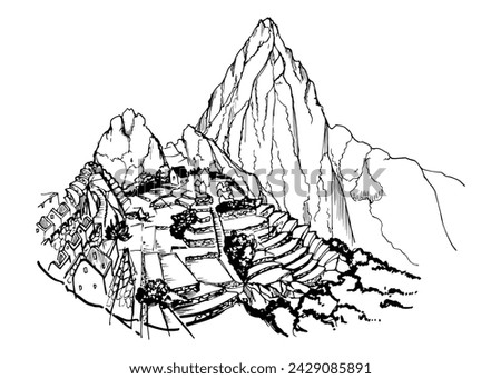 Hand drawn ink vector illustration, mountain landscape scenery Central South America, hills plane, Machu Picchu terraces. Isolated on white background. Design travel, vacation trip, brochure, print