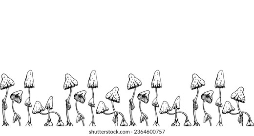 Hand drawn ink vector poisonous mushroom toadstool fungi. Sketch illustration art Halloween party witchcraft, forest nature. Isolated seamless banner. Design shops, logo, print, website, card, booklet