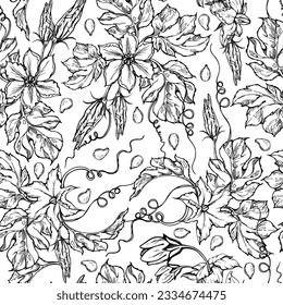 Hand drawn ink vector pumpkin gourd squash leaves and flowers. Seamless pattern. Sketch illustration art for Thanksgiving, harvest, farming. Design for restaurant menu print, cafe, website, invitation