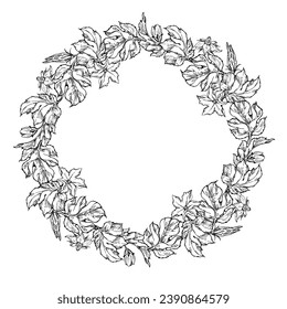Hand drawn ink vector pumpkin leaf, vine, flower. Sketch illustration art. Thanksgiving, Halloween, harvest, farming. Isolated wreath border frame. For restaurant menu print, cafe, website invitation