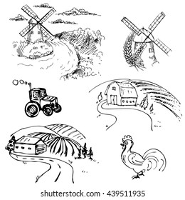 hand drawn ink vector set of farm, field, chicken, windmill, frame. vector eps 8.