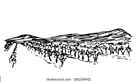 Hand drawn ink vector simple drawing. Vineyard landscape, rows of grape bushes, perspective, silhouette of mountains on the horizon. Engraving style, label printing, wine list, countryside, farming.