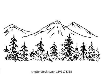 Esbozo vectorial dibujado a mano. Vida silvestre de los países nórdicos. Un paisaje sencillo de árboles de coníferas en primer plano, el contorno de las montañas en el horizonte. Naturaleza, bosque, viajes, turismo. 