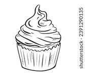 Hand drawn ink vector. Tasty muffin adorned with a dollop of whipped cream. Ideal for a morning treat, sweet brunch, and dessert aficionados. for bakeries, pastry shops, cafes, eateries, and menu
