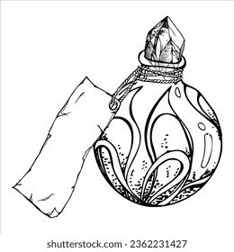 Handgezeichnete Tuschflasche, Vektorflasche für Tränke, Papieranhänger. Sketch-Illustration Kunst Hexerei, Medizin Chemie, Alchemie. Einziger Gegenstand, Umriss. Design-Shops, Logo, Druck, Website, Karte, Broschüre