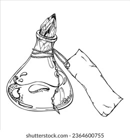 Frasco de vial con vector de tinta dibujado a mano para poción, etiqueta de papel. Dibujo ilustrativo de brujería artística, química de la medicina, alquimia. Objeto aislado, contorno. Tiendas de diseño, logotipo, impresión, sitio web, tarjeta, folleto