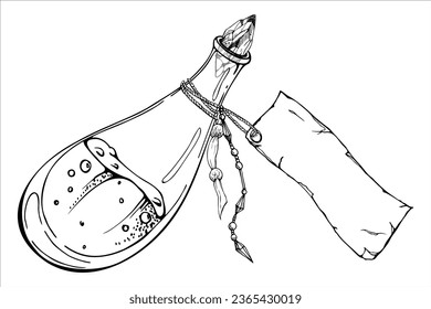 Hand drawn ink vector vial bottle for potion, paper tag. Sketch illustration art witchcraft, medicine chemistry, alchemy. Isolated object, outline. Design shops, logo, print, website, card, booklet