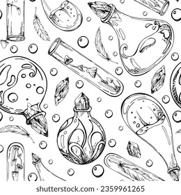 Hand drawn ink vector witch glass potion vials, poison mushrooms, crystals, feathers. Illustration art Halloween occult witchcraft. Seamless pattern. Design shops, logo, print, website, card, booklet.