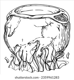 Hand drawn ink vector witch cauldron pot with fire. Sketch illustration art for witchcraft, medicine, chemistry, alchemy. Isolated object, outline. Design shops, logo, print, website, card, booklet.