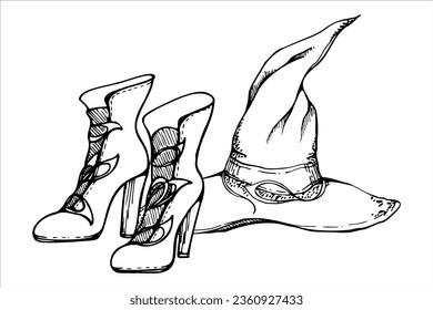 Hand drawn ink vector witch magician pointy hat with high heel women boots. Illustration art for Halloween, party, witchcraft. Isolated composition, outline. Shops, logo, print, card, website, costume