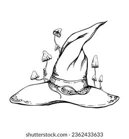 Hand drawn ink vector witch pointy hat with poisonous mushrooms. Sketch illustration art for Halloween, party, witchcraft. Isolated object, outline. Design shops, logo, print, website, card, costume