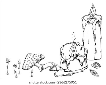 Hand drawn ink vector witch altar. Candles, poison mushrooms, crystals. Illustration art Halloween occult witchcraft. Isolated composition, outline. Design shops, logo, print, website, card, booklet