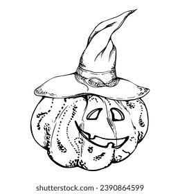 Hand drawn ink vector witch pumpkins in pointy hats jack-o-lantern. Sketch illustration art for Halloween, party, witchcraft. Isolated object, outline. Design shops logo print, website, card, costume