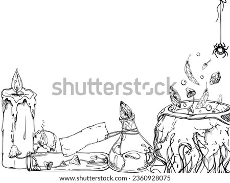 Hand drawn ink vector witch cauldron brew potions vial isolated horizontal frame. Sketch illustration art witchcraft, medicine, chemistry, alchemy. Design shops, logo, print, website, card, booklet.