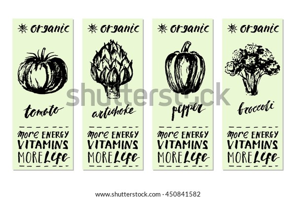 Hand drawn\
ink vegetable labels with lettering for organic farm products.\
Tomato, artichoke, pepper,\
broccoli.