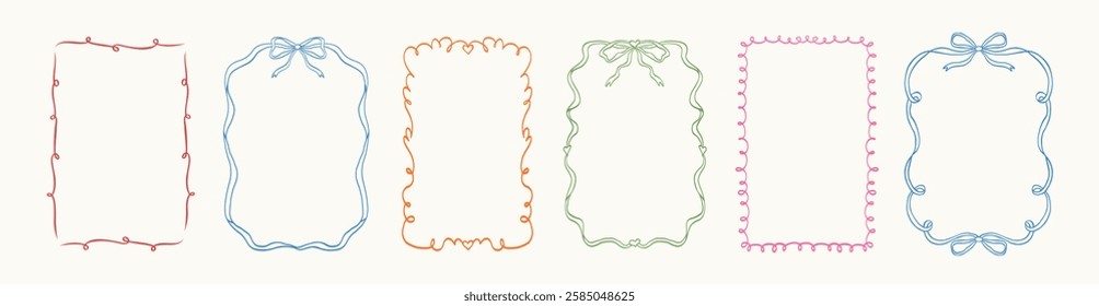 Hand drawn ink vintage frames with wavy lines, bows and ribbons. Minimalist coquette vector borders. Sketch art line. Modern whimsical frames for wedding invitations, birthday card, prints.