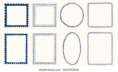 Hand drawn ink vintage frames in marine sea coastal style. Stamp or letter mark frames for greeting cards, wedding, birthday party, invitations. Minimalist coquette vector borders. Sketch art line