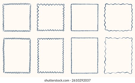 Hand drawn ink vintage frames. Stamp or letter mark inspired frames for greeting cards, wedding and birthday party, picnic invitations. Minimalist coquette vector borders. Sketch art line.