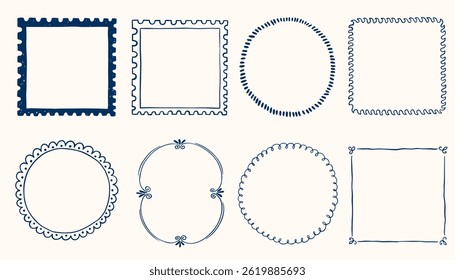 Tinta desenhada à mão quadros vintage em estilo marinho costeiro. Carimbo ou carta marca quadros para cartões de saudação, casamento, festa de aniversário, convites. Bordas de vetor de coquete minimalistas. Linha de esboço