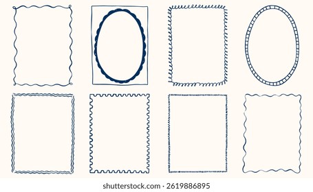 Tinta desenhada à mão quadros vintage. Carimbo ou carta marca molduras inspiradas para cartões de saudação, festa de casamento e aniversário, convites de piquenique. Bordas de vetor de coquete minimalistas. Linha de esboço.