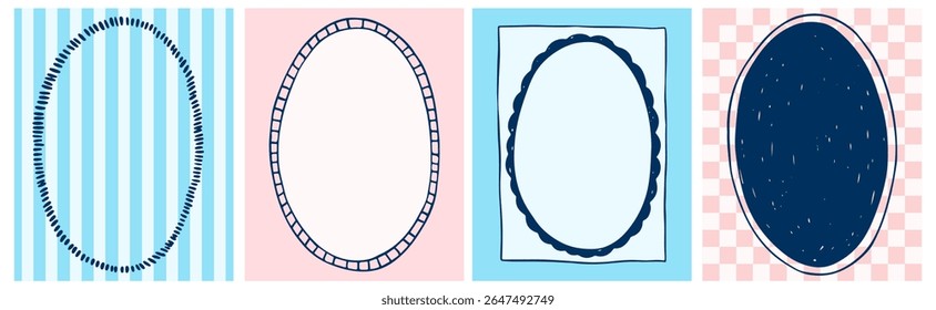 Hand drawn ink vintage frames. Stamp or letter mark frames for greeting cards, wedding, party, invitations in italian or greek marine sea coastal style. Colorful Minimalist coquette vector borders