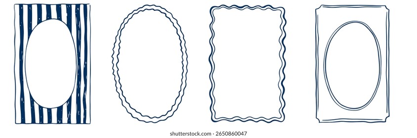 Hand drawn ink vintage frames. Stamp or letter mark frames for greeting cards, wedding, birthday party, invitations in italian or greek marine sea coastal style. Minimalist ornament vector borders.