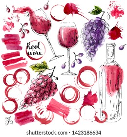 Hand drawn ink and watercolor sketch of red wine glasses, wine bottle, red and black grapes, glass prints, stains, splashes. Illustration for food and drink background or package label.