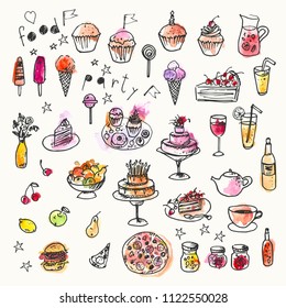 Hand drawn ink and watercolor stain doodle food set. Design elements for party invitation or menu background. Cake, pizza, burger, fruits, tea, wine, drinks, ice cream, muffin, cupcake, jam.