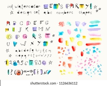 Hand drawn ink and watercolor stain alphabet, numbers and signs and watercolor shapes. Colorful naive style letters for kids, posters, cute background, invitations.