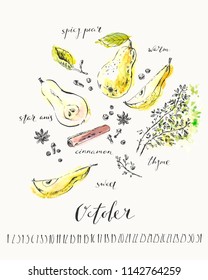 Hand drawn ink and watercolor stain illustration. Yellow pears, spices, thyme branches, star anis, clove, cinnamon top view. Spicy pear recipe ingredients. Calligraphy elements for October calendar.