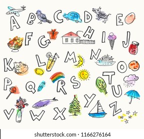 Hand drawn ink and watercolor stain picture alphabet. Colorful naive style letters for kids, posters, cute background, invitations.