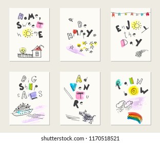Hand drawn ink and watercolor stain card set. Doodle style illustrations with lettering. Ship, sun, rainbow, stars, house, flags. Home sweet home, be happy, enjoy, adventure.