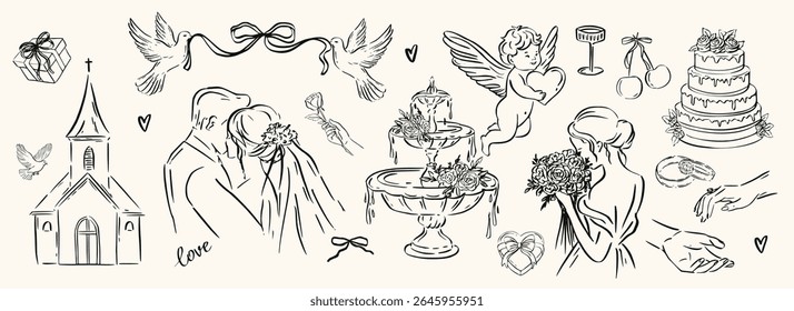 Conjunto de celebração de casamento de tinta desenhada à mão. Casal, igreja, bolo, pombas, cupido, buquê, copo de vinho para convites, marca de amor romântico. Elegante estilo de esboço vintage extravagante.