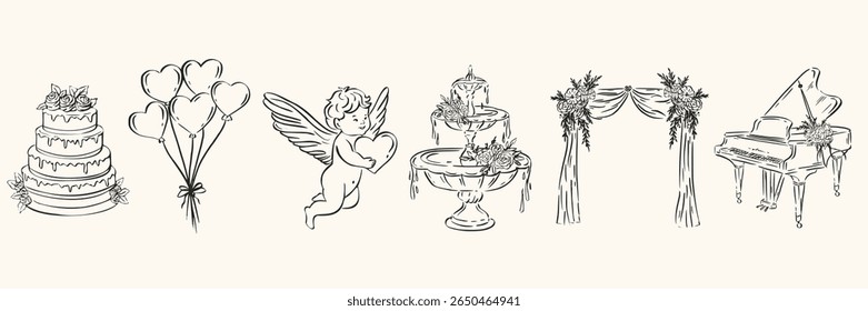 Hand drawn ink wedding celebration elements. Love balloons, couple cake, cupid, floral arch, piano for romantic whimsical stationery, ceremony decor, bridal branding.