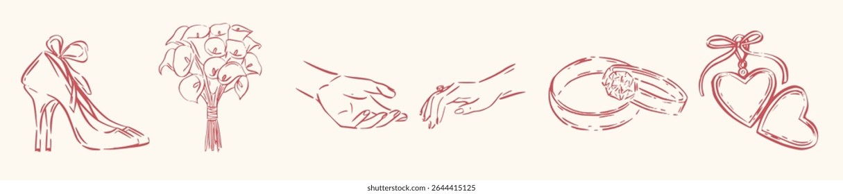 Hand drawn ink wedding details set. Romantic couple hands, rings, bouquet, shoes, love hearts for invitations, stationery, bridal decor. Whimsical elegant line art.